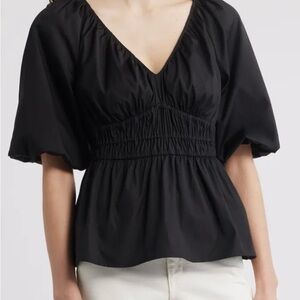 Nordstrom Puff Sleeve / Shirred Bodice Black Women's Top